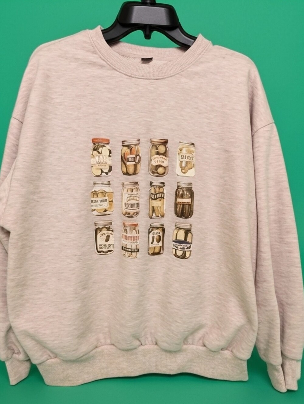 Light Gray Sweatshirt with Pickle Jar Graphic -- Medium To Large